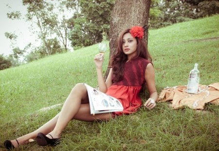 * Getting drunk from sadness * - sadness, drink, girl, glass, face, nature, alone, green, grass