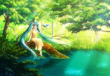 Enjoying Nature - female, water, game, anime, green, roots, tree, lake, sunlight, pigtails, moss, bird, relaxing, bright, nature, vocaloid, happy