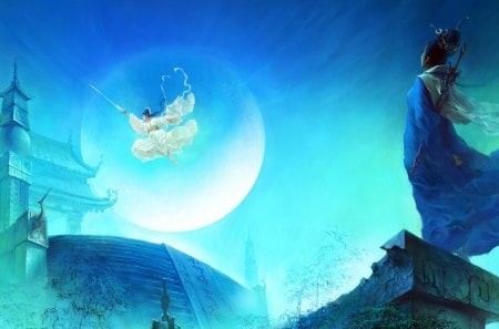 Jade dynasty - people, blue, night, man, jade dynasty, art, sky, castle, fighter, moon, game, girl, chinese, fantasy, white, woman, asian, japanese