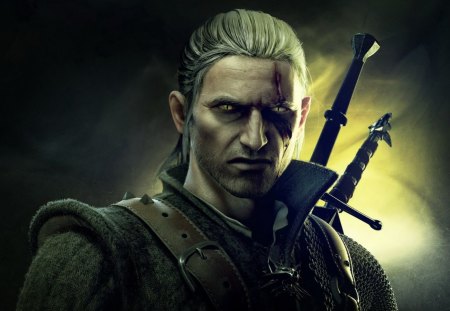 Witcher - sword, witcher killer of the kings, game, eyes, knight, art, fighter, fantasy, vampire, boy, man, green