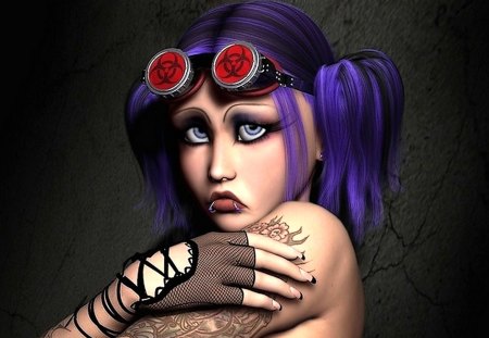 dont look into my eyes - women, tattoo, cgi, blue hair