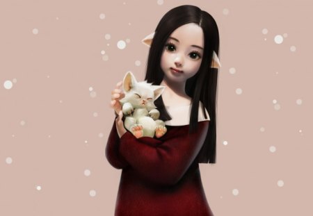 Sweet faces - pet, anime, animal, snowflakes, kitten, feline, cat, doll