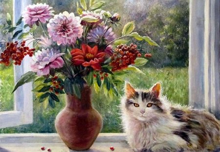 Vorobyov Olga. Mild early autumn sun - vorobyov olga, painting, art, window, cat, animal, flower