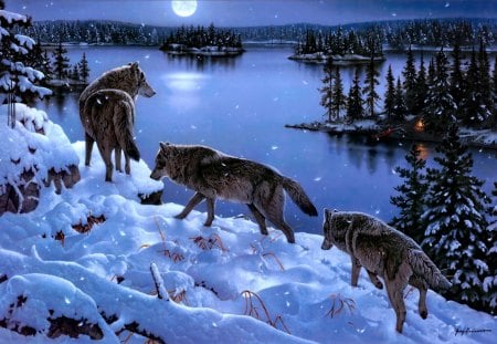 By Jerry Gadamus - wolves, art, jerry gadamus, lake, trees, snow, winter