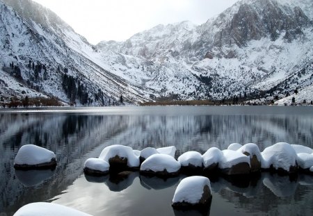 Winter lake - pretty, calm, snow, reflection, mountain, shore, lake, nice, winter, water, beautiful, mirrored, lovely, icy, river, ice, frozen, nature