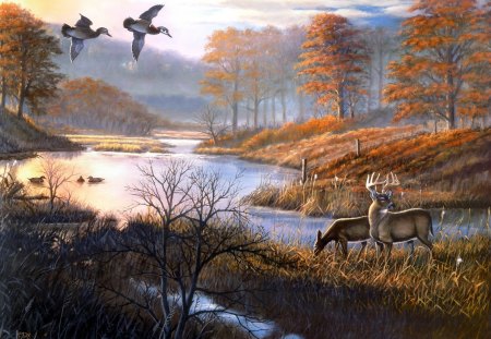 By Arthur G. Anderson - lake, trees, deer, duck pond woodies, painting, ducks, fall, arthur g anderson, artwork, frozen, pond