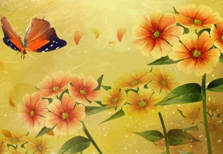 Vintage Orange - summer, spring, gold, bright, butterfly, fleurs, yellow, floral, petals, orange, flowers, breeze, papillon