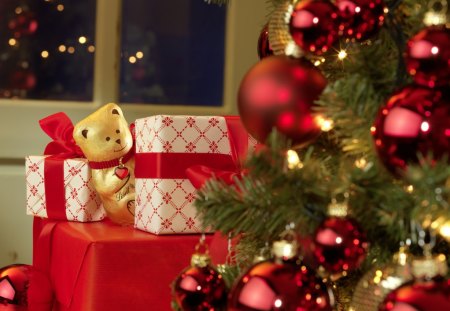 Decorating my Christmas♥ - gifts, magic, presents, fashion, entertainment, precious, red, teddy bear, golden, atmosphere, ribbons, forever, balls, love, christmas tree, lights, green, bow