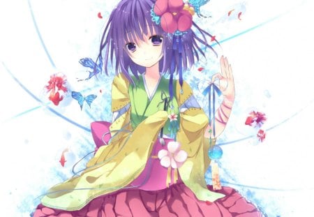 anime girl - flowers, manga, anime, girl, kimono