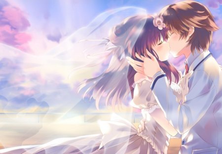 Purin Amanatsu - pink, kiss, purin amanatsu, anime, bride, anime girl, blue, white, sky, clouds, hoshi no ouji-kun