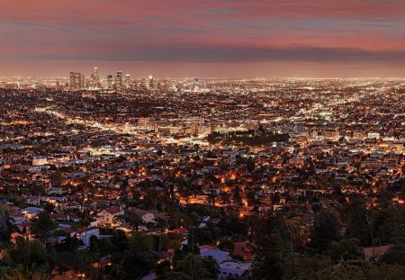 panoramic view of los angeles at dusk - city, view, dusk, lights