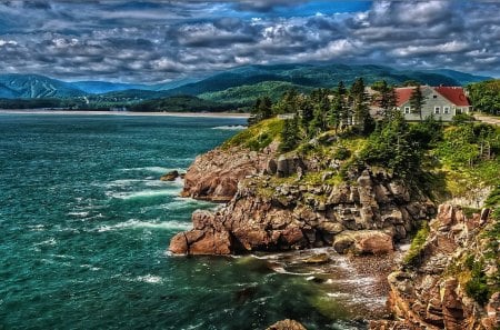 wonderful coastal house on a cliff hdr - clouds, house, coast, cliff, hdr, sea