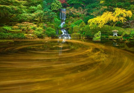 spinning pond in a japanese garden - waterfall, pond, autumn, garden, movement