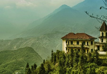 hilltop house - forest, mountains, hills, house, mist