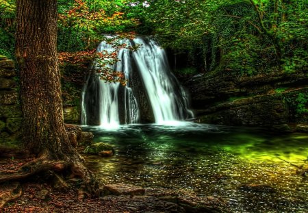 magnificent waterfall hdr - forests, trees, popular, waterfalls, wallpaper, waterfall, nature, wall, hdr, pool, landscapes