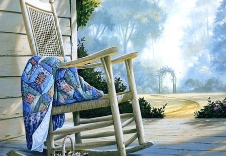 Colorful - grafik, sunshine, terrace, peaceful, colorful, basket, stool, painting, blankets, paintings, color, houses, avantgarde, draw and paint, lovely, love four seasons, chair, blue, beautiful, splendor, flowers, colors