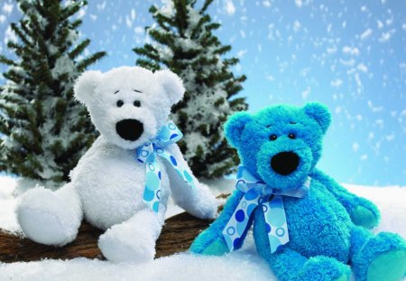 Winter Plush Holiday ♥ - winter, blue, forever, snow, presents, lovely, love, sweet, white, christmas tree, nature, teddy bears, plush, bow, ribbons