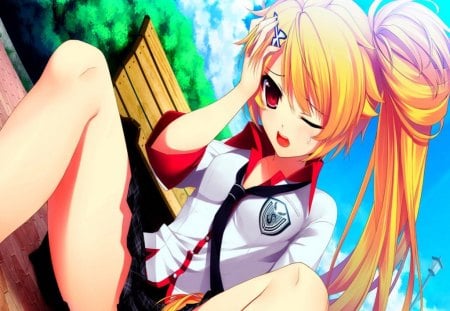 Natsu Konatsu - sitting, girl, long hair, blue sky, legs, red eyes, school uniform, sext, anime, sweet, natsu konatsu, chuning lover, cute, breasts