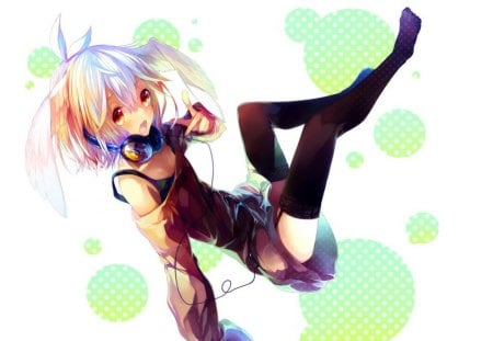 In World Of Music - yellow eyes, anime, original, girl, sweet, white hair, short hair, headphones, cute