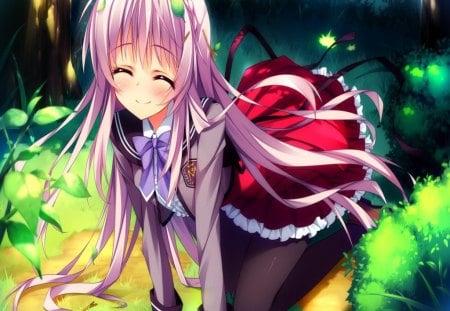 Kitazono Saya - big breasts, girl, blushing, long hair, in the woods, school uniform, shukufuku no kane no oto wa, anime, sweet, smile, kitazono saya, cute, white hair