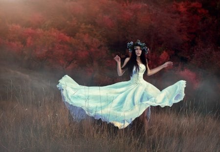 Wreath from Blue Flowers - woman, wreath, flowers, model