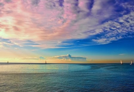 sailing! - clouds, boats, horizon, sea, colors