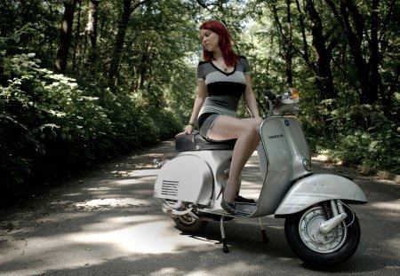 Vespa and Redhead - pretty, white, redhead, girl, vespa