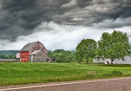 wisconsin farm hdr - farm, hdr, road, clouds