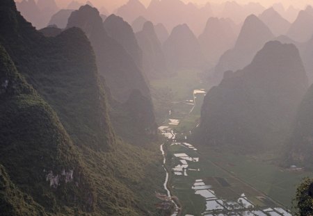 valley in the mist yangshuo china - mountains, rice fields, valley, mist