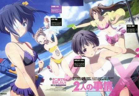 chuunibyou demo koi ga shitai - girls, clouds, anime, beach, swimsuits, sky