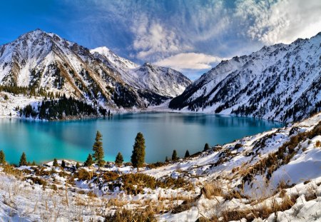 Winter mountain and lake - pretty, calm, snow, reflection, mountain, cliffs, lake, nice, sky, clouds, winter, beautiful, snowy, pond, mirrored, beauty, lovely, peaks, slopes, nature, cold, serenity