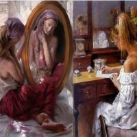 Woman writing looking in a mirror