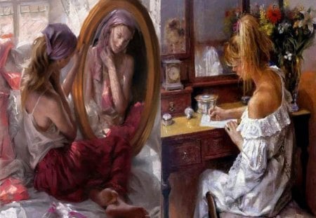 Woman writing looking in a mirror - looking, mirror, woman, writing, in a