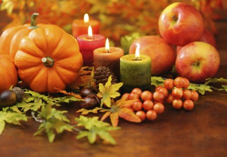 The Beauty Of Autumn - tomatoes, acorns, gords, still life, leaves, pinecone, fall, apples, autumn, candles, Thanksgiving, fruits