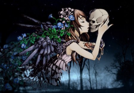 Endless Love - skull, love, death, romantic, kiss, night, anime