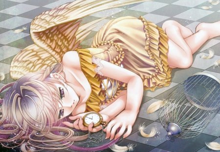 Time To Sleep - cage, girl, angel, beautiful, anime, clock, pink hair, golden