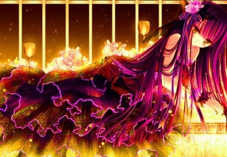 Golden Room - girl, beautiful, anime, purple hair, gold