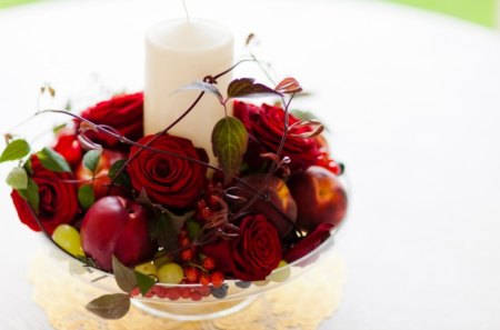 Fancy Christmasâ™¥ - special, white, forever, arrangement, red roses, tablescape, love, magnificent, fresh, candle, centrepieces, apples, stunning, fruit, christmas, precious, event, flowers