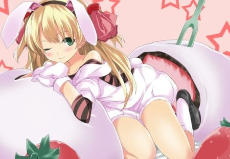 anime girl - strawberries, manga, anime, bunny ears