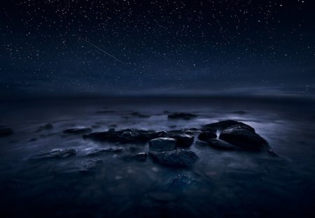 Midnight stars - nature, stars, sky, water, midnight, rocks