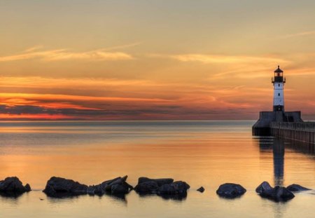 Lighthouse Guardian - sunrise, water, architecture, lighthouse