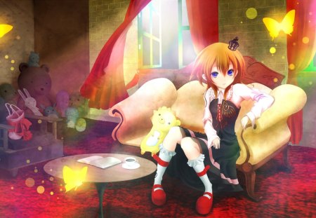 Anime girl with her toys - bubby, doll, toy, bear, teddy, young, anime, girl