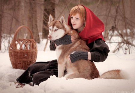 Red Riding Hood - snow, winter, red, tree