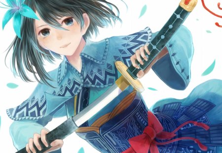 weapon - katana, black hair, short hair, kimono