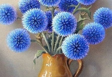 bouquet - paint, interesting, spines, blue, flowers, vase