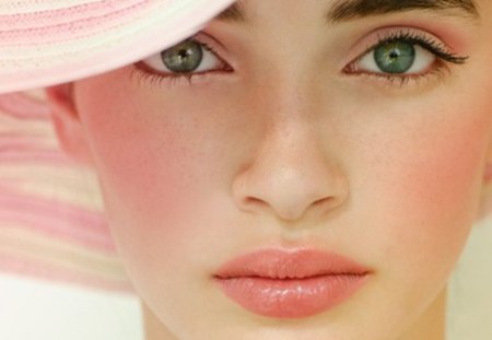 think pink - hat, girl, pink, blue, eyes, gently