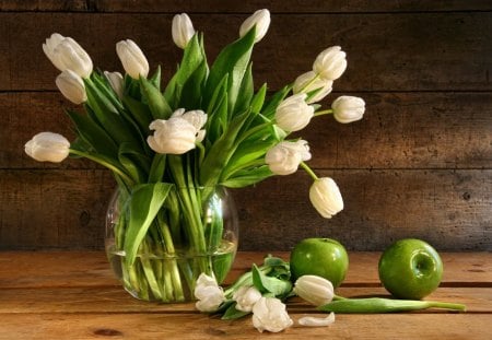 Still life - pretty, vase, water, beautiful, room, table, lovely, still life, flowers, apples, tulips, white, green, nice