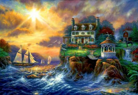 Before the storm - nice, sky, sailboats, sunset, storm, rocks, painting, pretty, reflection, clouds, castle, house, rays, ocean, lovely, waves, glow, rough, lonely, beautiful, sunrise, before, sea