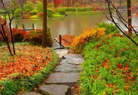 Autumn pond - autumn, trees, water, colorful, path, road, foliage, calm, fall, reflection, calmness, alleys, pond, garden, lake, falling, park, shore, serenity, nature, forest, tranquil, leaves, stones