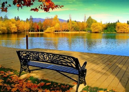 A peaceful spot - relax, pretty, romantic, light, crystal, bench, nice, sunlight, pond, mirrored, pier, fall, river, nature, seat, autumn, clear, reflections, spot, amazing, walk, leaves, calmness, shore, riverbank, sky, sun, clouds, falling, branches, trees, water, beautiful, lake shore, morning, lovely, rest, afternoon, colorful, glow, season, rays, peaceful, shine, foliage